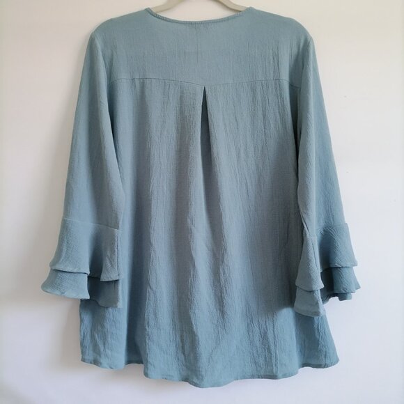 NWT Jodifl Womens Gray Bell Sleeve Surplice Neck Faux Wrap Blouse Top Size L - Picture 4 of 7